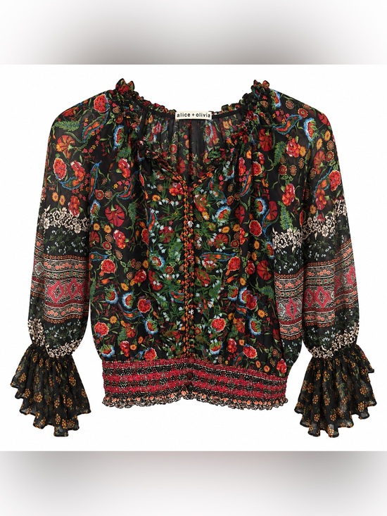 Alice + Olivia Tops - Alice + Olivia Women’s S Black Floral Paisley Ruffle Blouse Smocked Boho Top